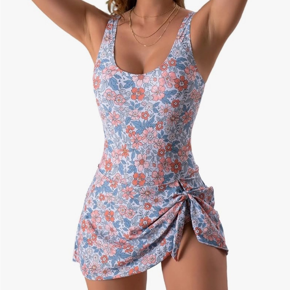 Blue and Pink Floral One Piece Swimsuit with Ruched Detail